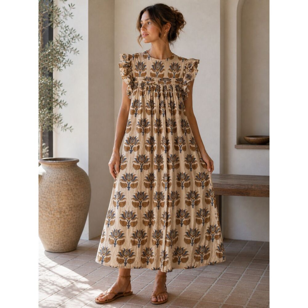 KINGA CSILLA Floral Boho Flutter Sleeve Midi Dress Sz 10
